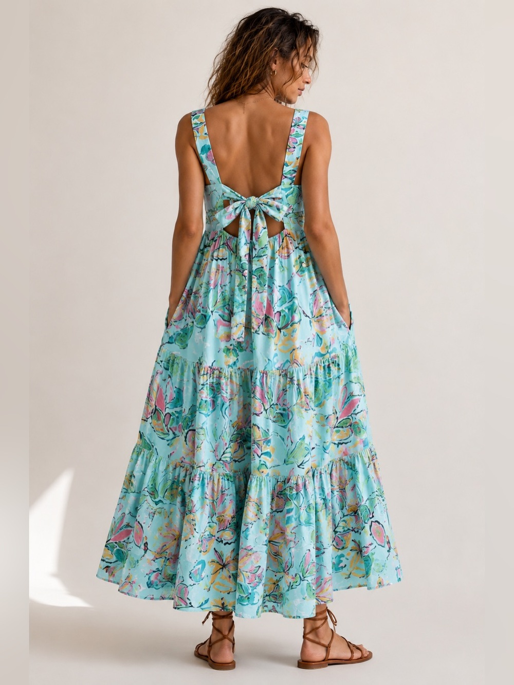 #225 New ! easel Aqua Floral Tiered Maxi Dress